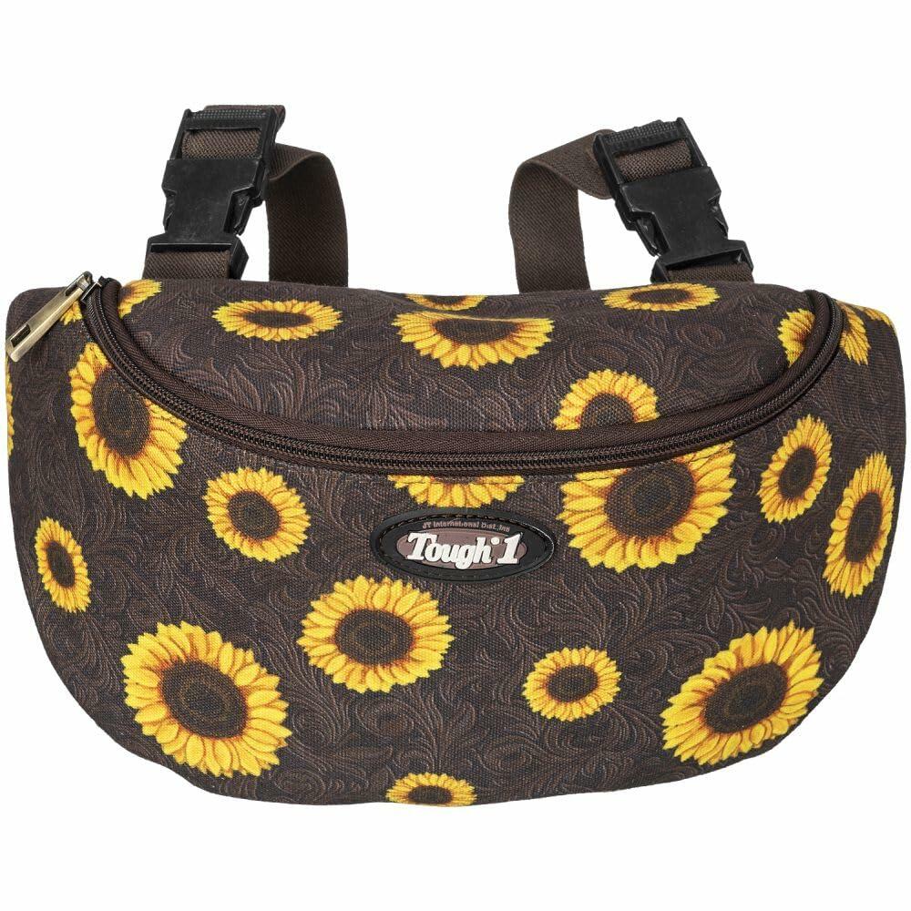 Tough1 Sunflower Tooled Saddle Pouch clipped to western saddle pommel with zip closure