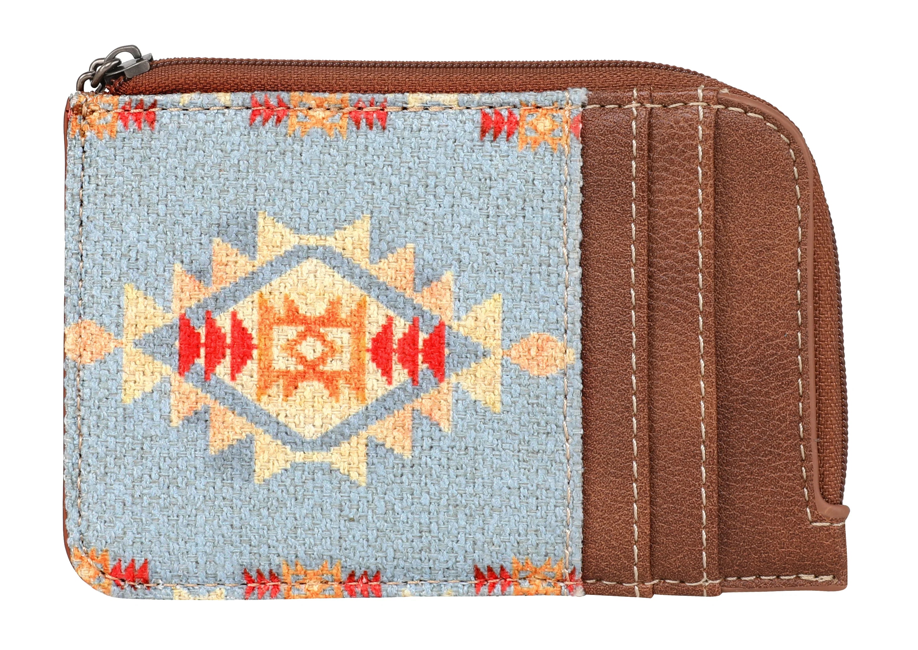 Light blue Wrangler by Montana West Southwestern print mini zip card holder with brown faux leather trim.