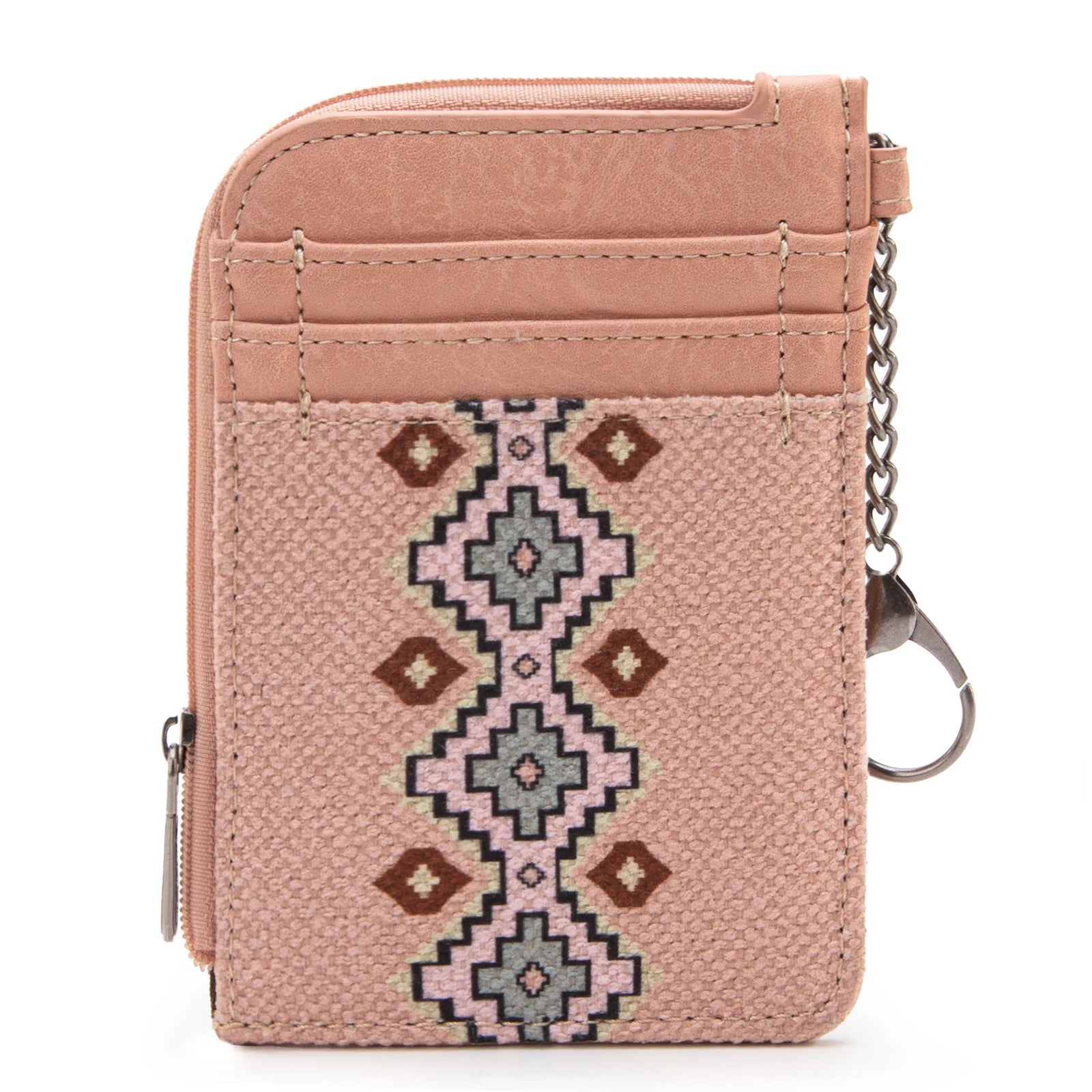 Pink Wrangler by Montana West Southwestern print mini zip card holder with a built-in keychain clip.