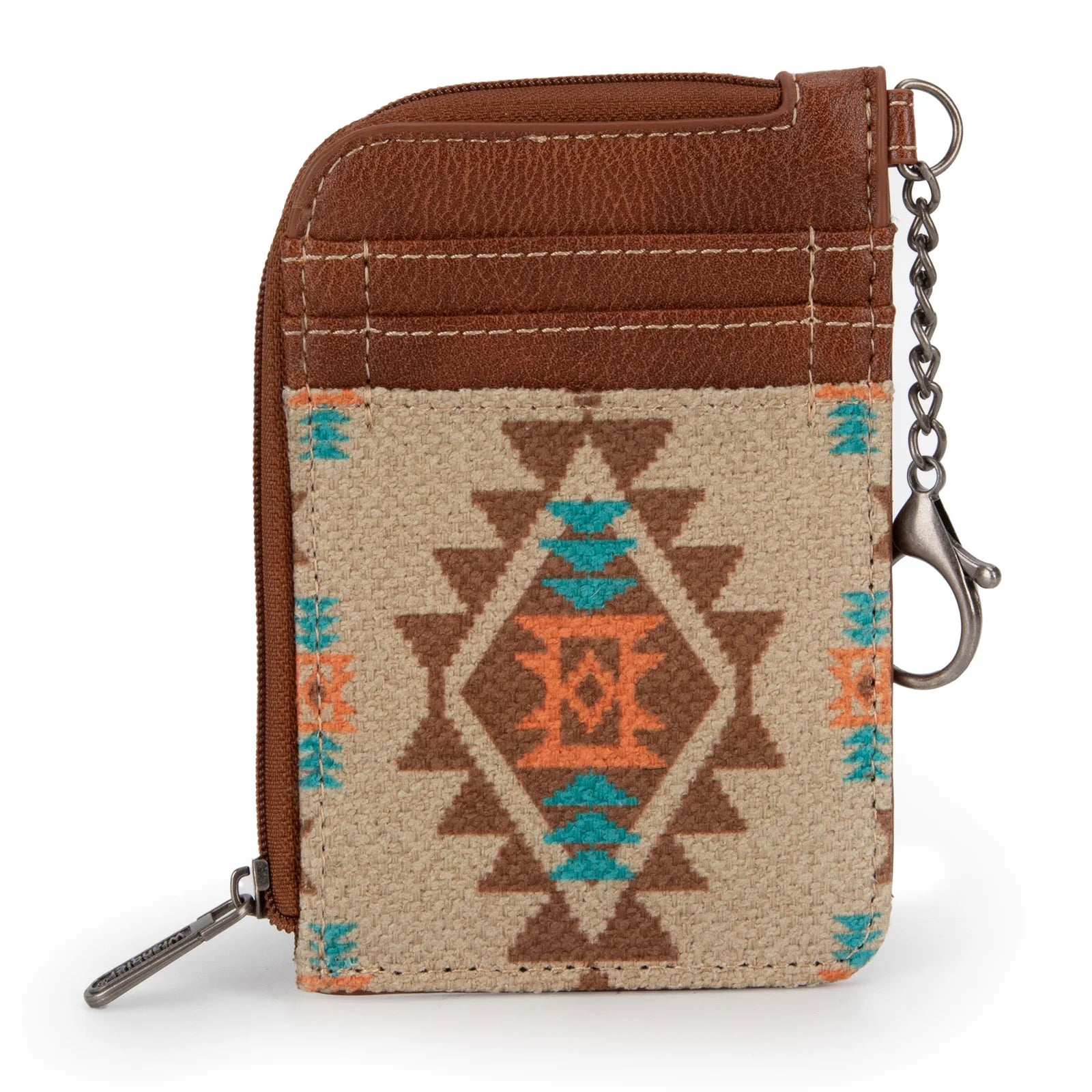 Tan and brown Wrangler by Montana West Southwestern print mini zip card holder with brown faux leather trim.