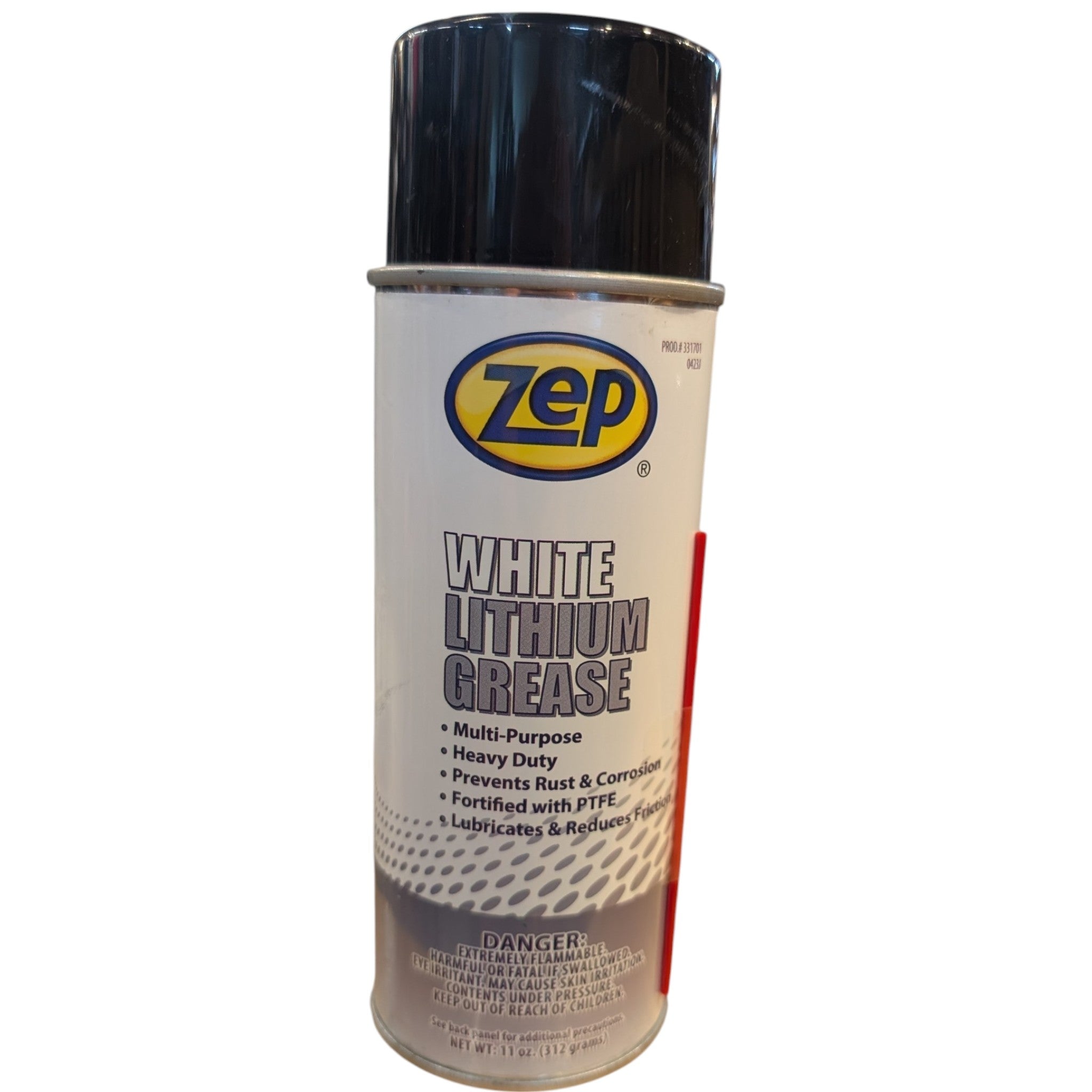 A can of Zep White Lithium Grease with a black spray cap, white label, and yellow Zep logo